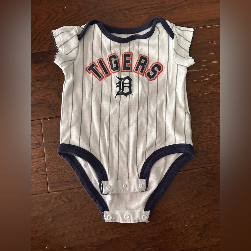 Detroit Tigers Baby One-Piece Bodysuit - White with Navy Trim